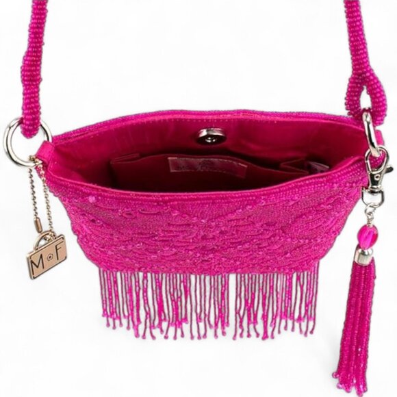 Mary Frances Fringe Benefit Bold Pink Beaded Embroidered Crossbody Handbag - Picture 9 of 16